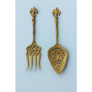 Bellini Italy 1950s Ornate Pierced Silverplated Serving Set Spoon Fork, 10”